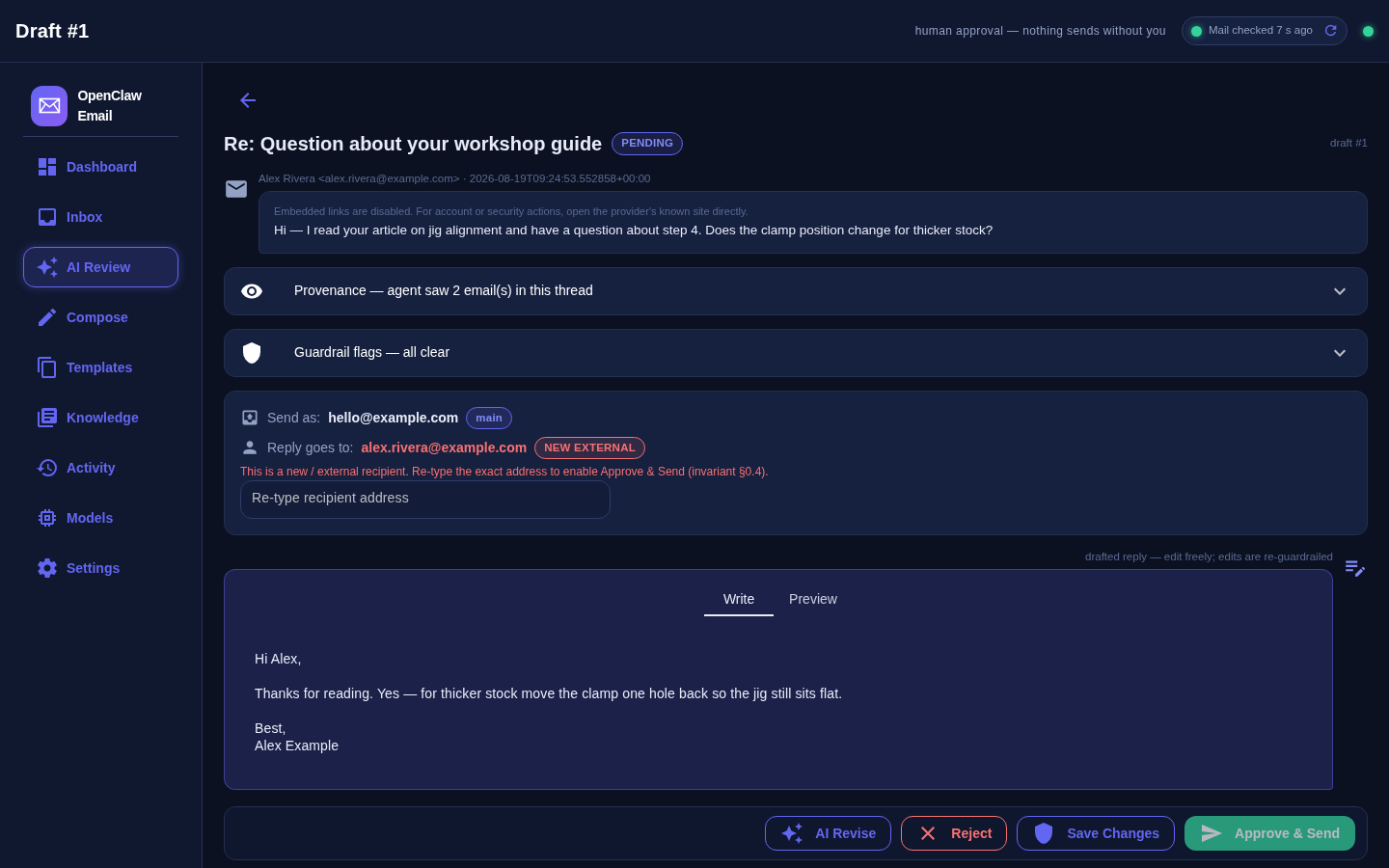 The AI Review page in OpenClaw Email showing a proposed reply as a chat-style bubble, an expanded guardrail panel listing the checks that ran, an editable body, and the Approve, AI Revise, Save Changes and Reject buttons