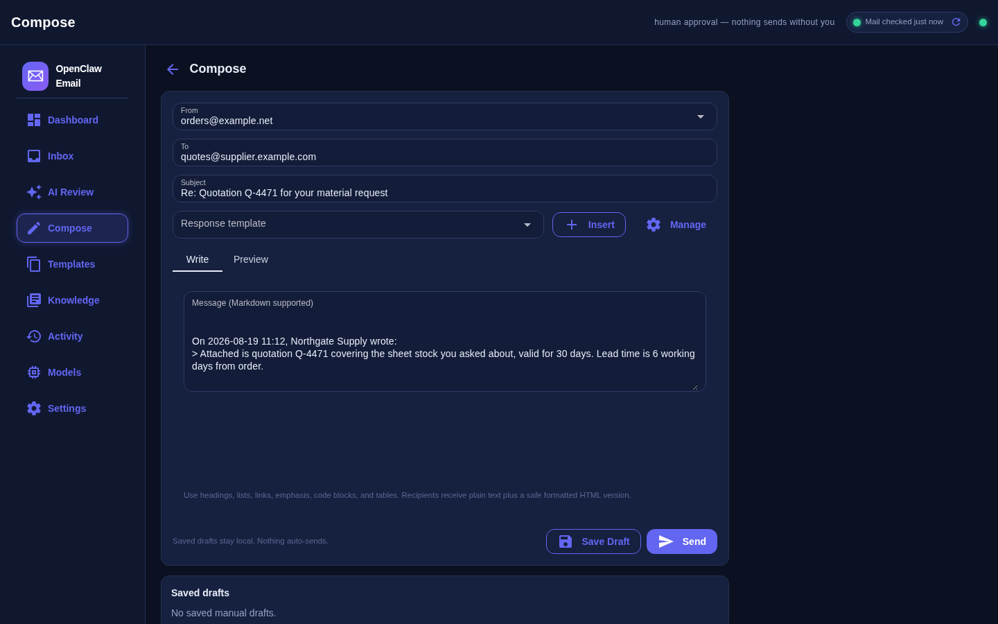 The compose view with a reply in progress: From preselected to the mailbox the mail arrived on, To and subject filled, the original message quoted in the body, a response-template picker, and Save Draft and Send buttons at the bottom