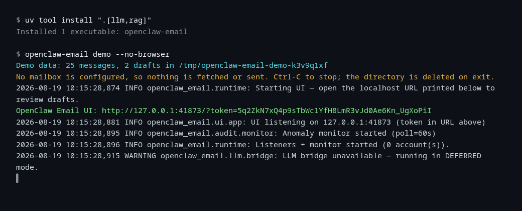 Terminal running openclaw-email demo: lines showing the demo database being seeded with fictional messages, then a final line printing the local UI URL on 127.0.0.1 with a one-shot token parameter