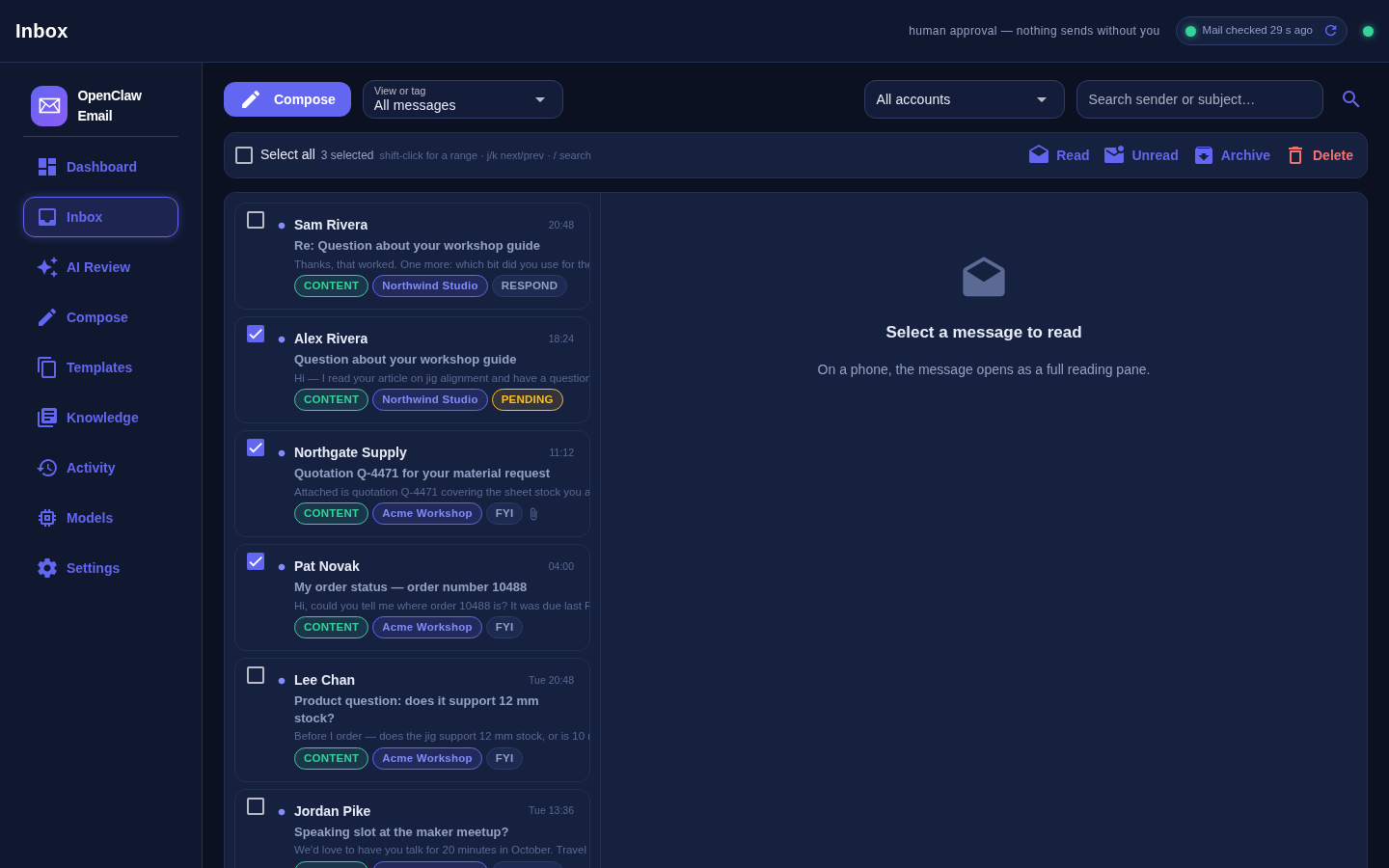 OpenClaw Email inbox list with several messages selected via checkboxes, the bulk action bar showing Read, Unread, Archive and Delete, and the header sync chip reading 'Mail checked 12 s ago' next to a Refresh button