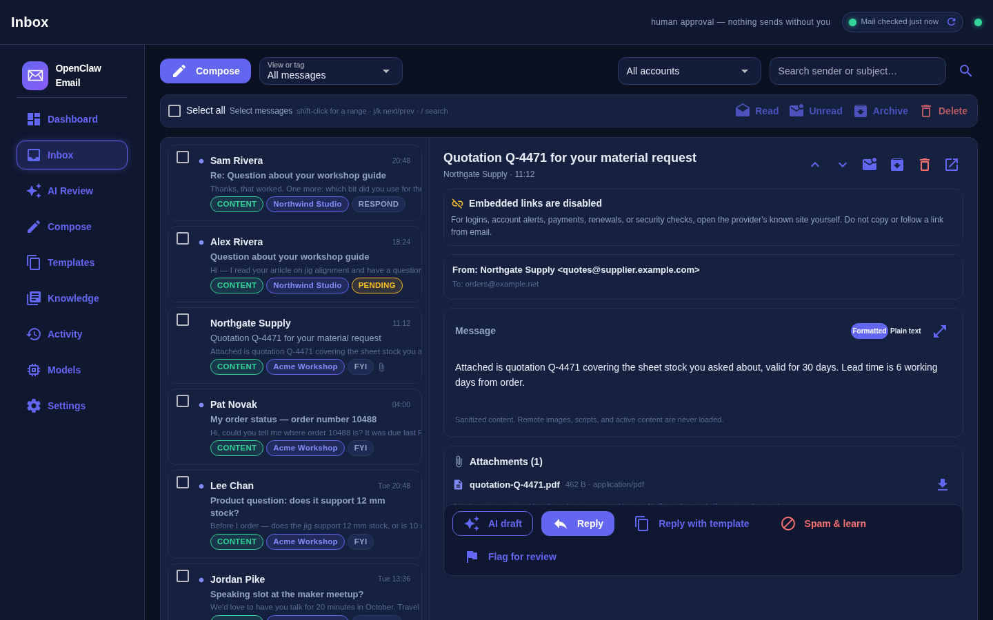A message open in OpenClaw Email: sender and subject header, the sanitized message body in formatted view, an attachments card, and a row of actions including Reply, AI draft, Mark unread, Archive and Move to local Trash