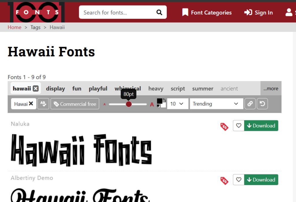 在 1001 Fonts 上搜索 Hawaii 风格字体