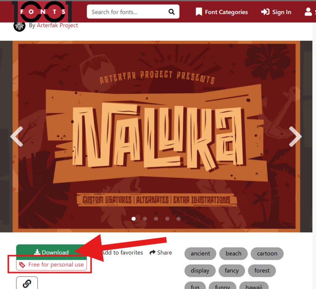 1001 Fonts 上的 Naluka 字体页面