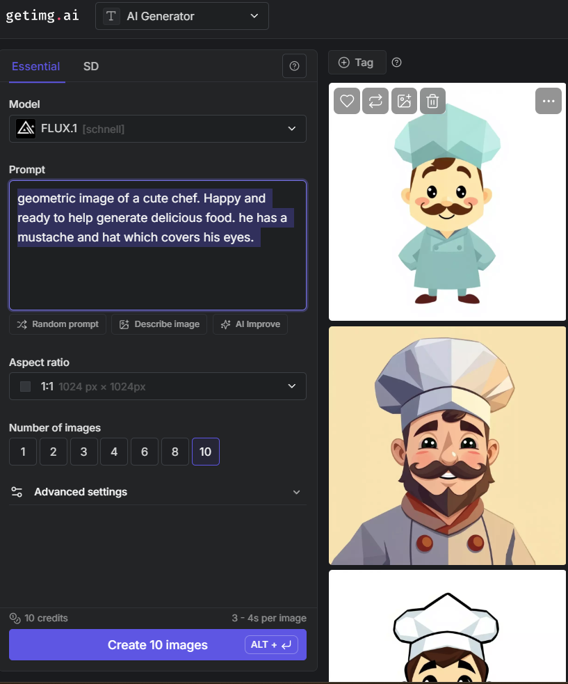 getimg.ai's Essential generator with the chef prompt loaded and Flux.1 selected, showing three candidate chef images down the right side.