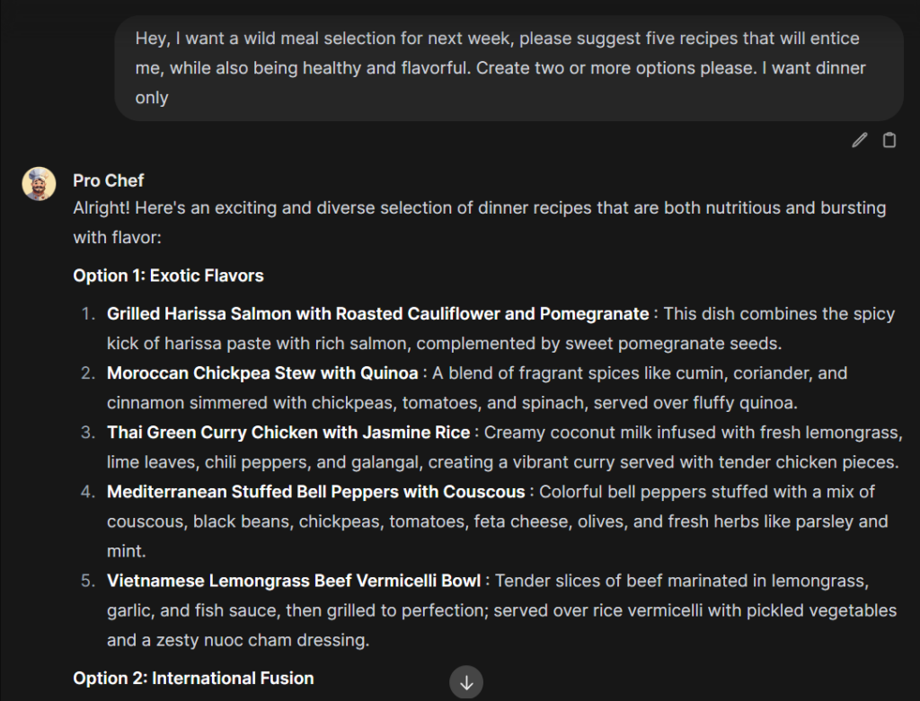 Open WebUI chat: I ask ProChef for a wild but healthy dinner selection and it responds with five 'Exotic Flavors' recipe options, from harissa salmon to a Vietnamese lemongrass beef bowl.