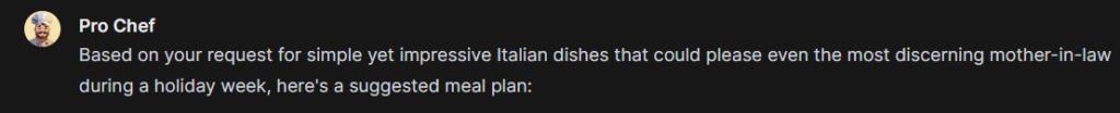 Pro Chef's reply, acknowledging the request for simple yet impressive Italian dishes and starting a suggested meal plan.