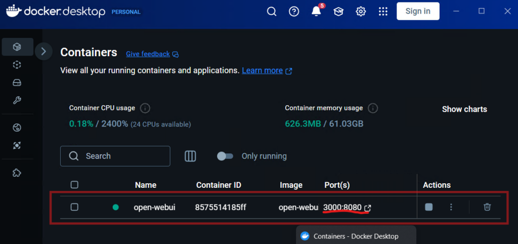 Docker Desktop 中显示 open-webui 容器,端口 3000:8080 高亮显示