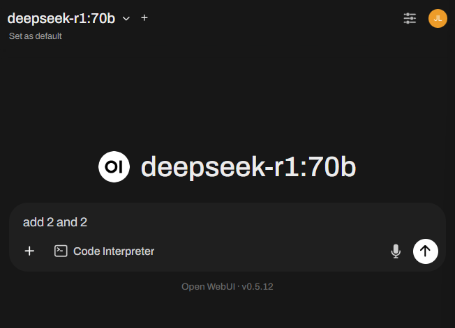 Open WebUI 已加载 deepseek-r1:70b,聊天就绪