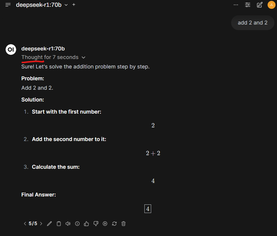 DeepSeek 思考了 7 秒,然后逐步回答了一个测试问题
