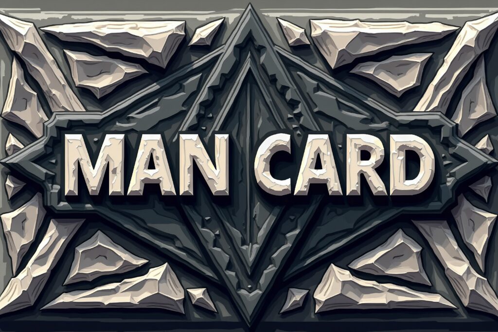 Man Card design option 4: carved-stone lettering with a chipped rock border