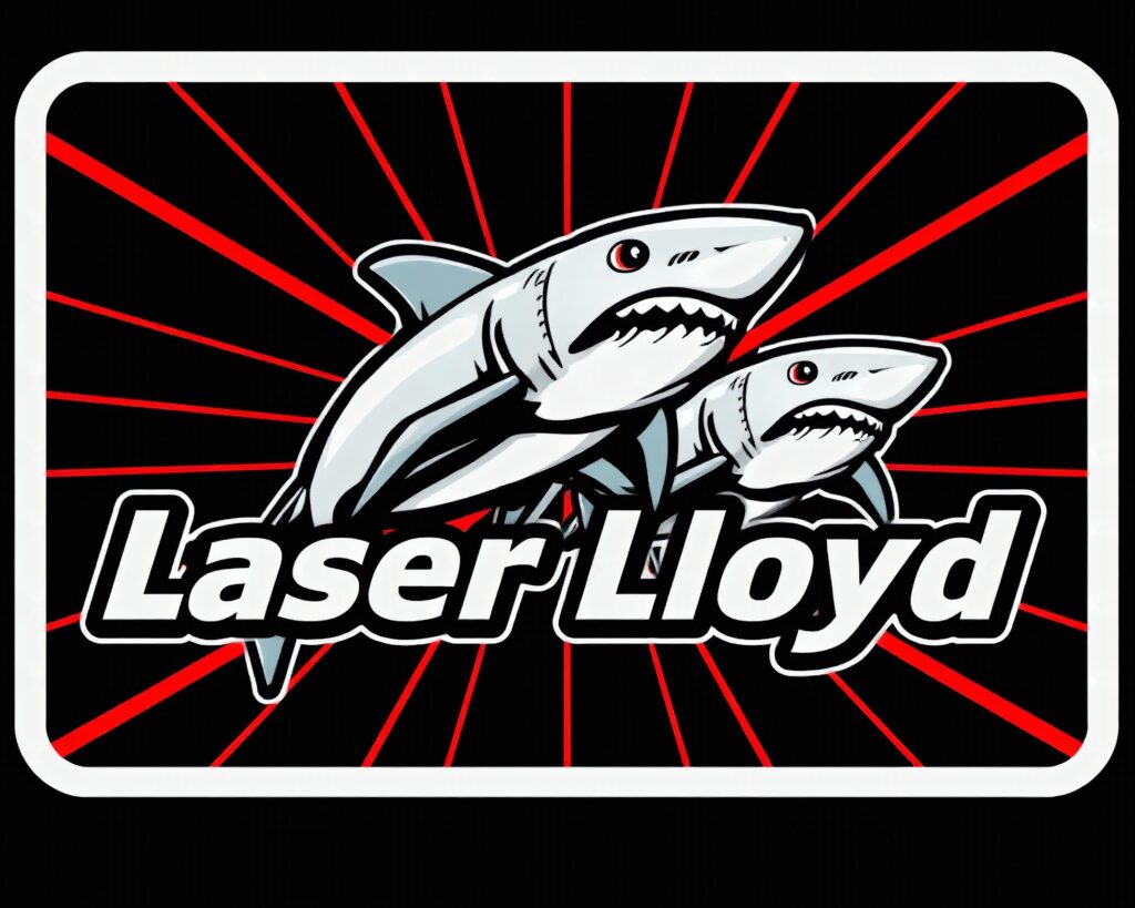 شعار Laser Lloyd بقرشين مع نجمة حمراء متوهجة، منقوش على البطاقة الزرقاء