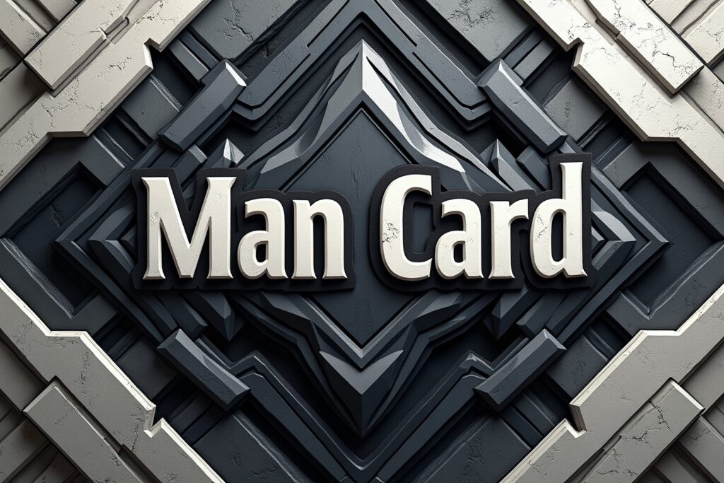 Man Card design option 3: white lettering over a dark angular 3D relief