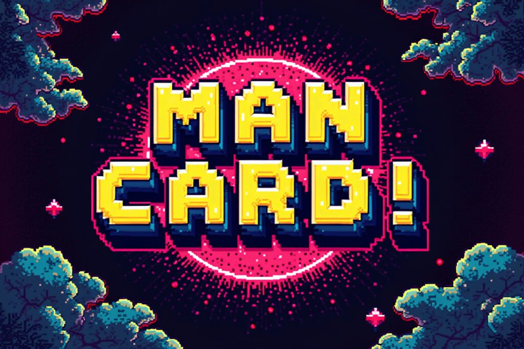 Man Card design option 2: yellow 8-bit pixel text on a pink starburst