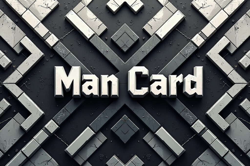 Man Card design option 5: blocky geometric tile mosaic with pixel-style lettering