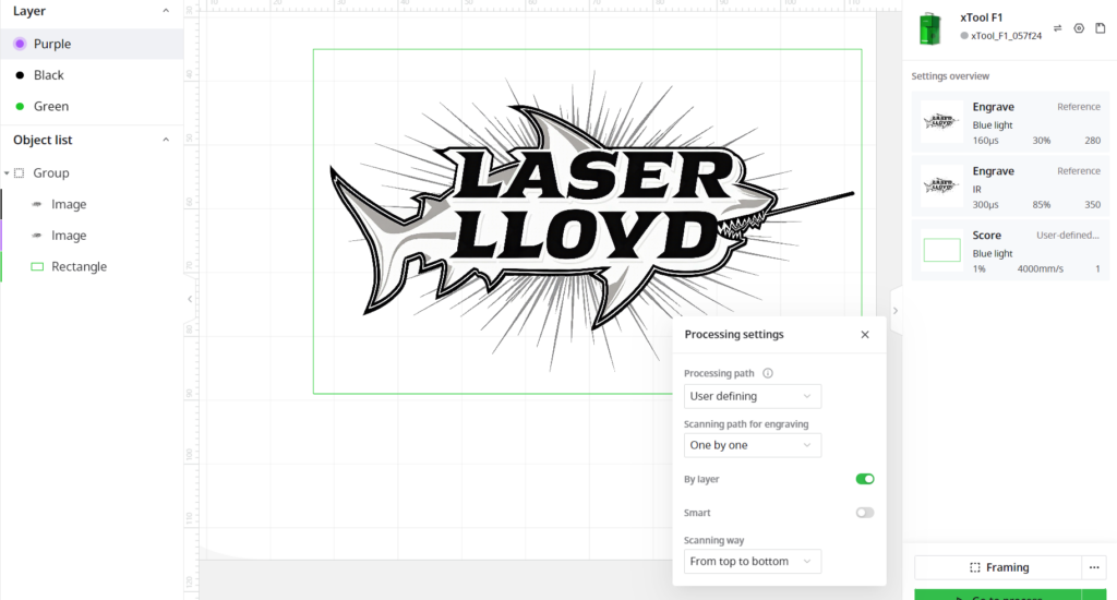 XCS layer setup for the black card: blue light and IR engrave layers, processing set to run by layer