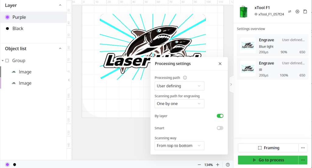 XCS layer setup for the blue card, processing set to run by layer from top to bottom