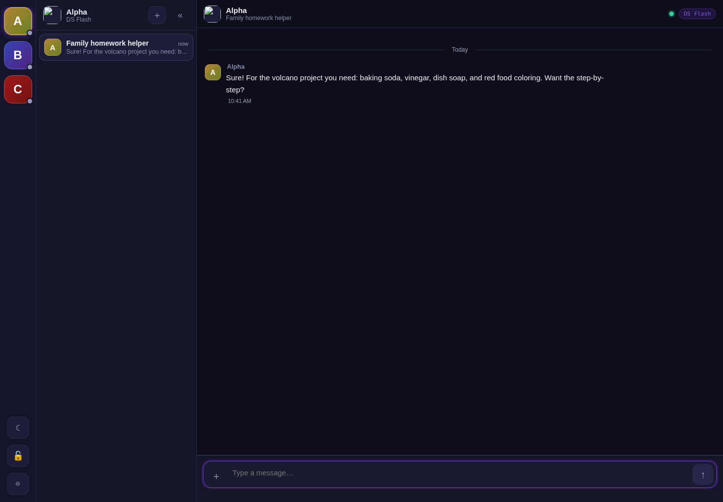 DisPatch locked safe-mode view: sidebar reduced to three safe bots with a padlock icon, chatting with Alpha about a kid's volcano science project