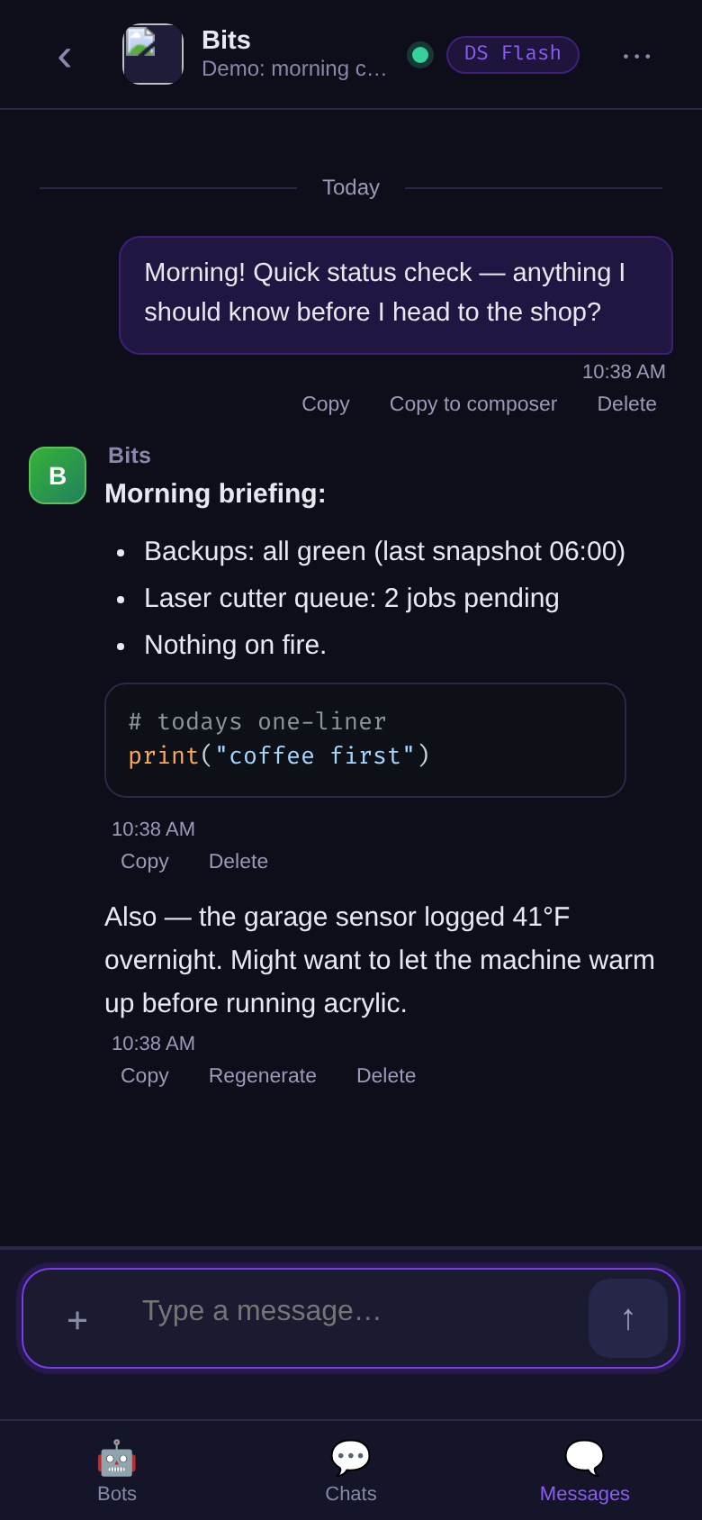 The same DisPatch conversation on a phone screen, with a bottom nav bar for Bots, Chats, and Messages