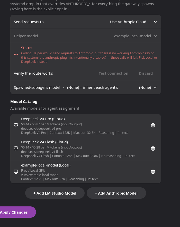 Model Catalog view listing per-model cost, context length, and reasoning support, with Add LM Studio Model and Add Anthropic Model buttons