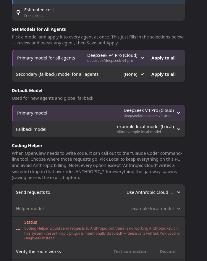 Set Models for All Agents bulk apply panel and the Coding Helper section with a mode picker and a live warning that Cloud mode has no working key on this machine