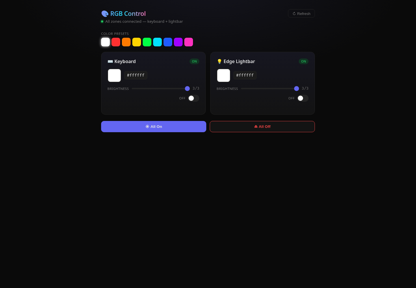 Panneau de contrôle rgb-web dans un navigateur : deux cartes de zone pour le clavier et la barre lumineuse, toutes deux affichant ON avec une luminosité de 3/3, une rangée de couleurs prédéfinies, et des boutons All On / All Off