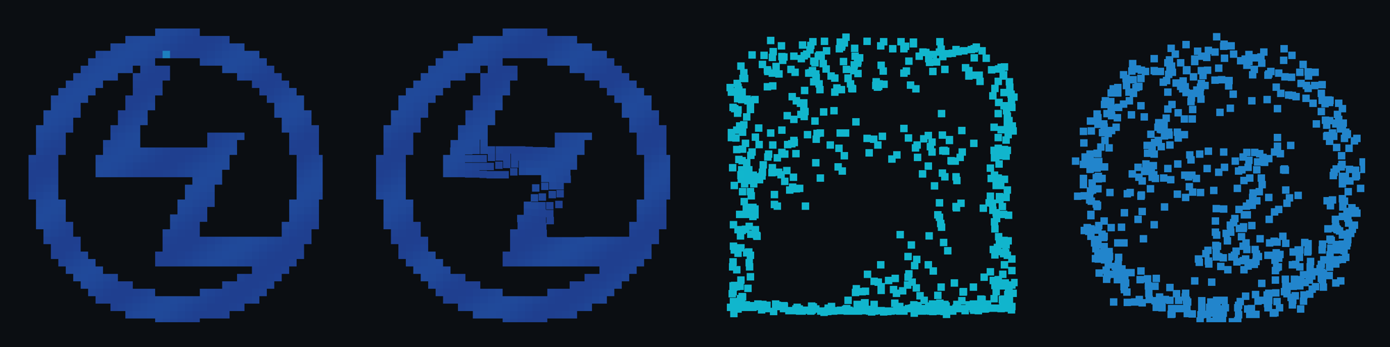 Quatro quadros do widget do logotipo em pixels: ocioso, pixels empurrados para os lados ao redor do cursor com um brilho azul, uma nuvem ciano de pixels quicando nas bordas logo após um clique e os pixels voltando a formar o anel com dois L
