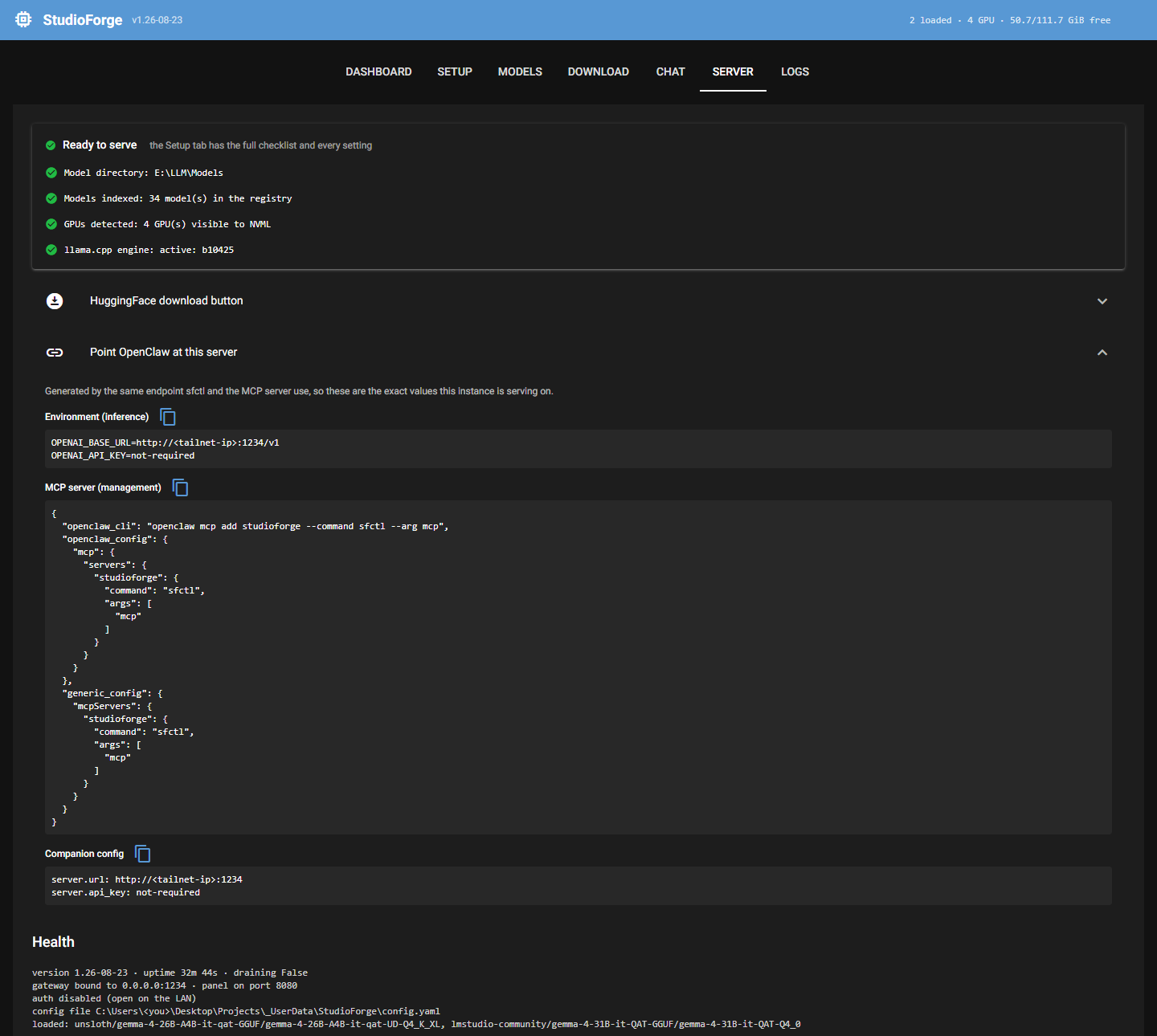 The top of the Server tab: a Ready to serve strip listing the model directory, 34 models indexed, 4 GPUs and engine b10425; the Point OpenClaw at this server panel expanded to show the generated OPENAI_BASE_URL and OPENAI_API_KEY pair, the MCP server JSON with openclaw_cli, openclaw_config under mcp.servers and a generic mcpServers block, and the companion config; then a Health block reading version 1.26-08-23, uptime, the config path and both loaded models