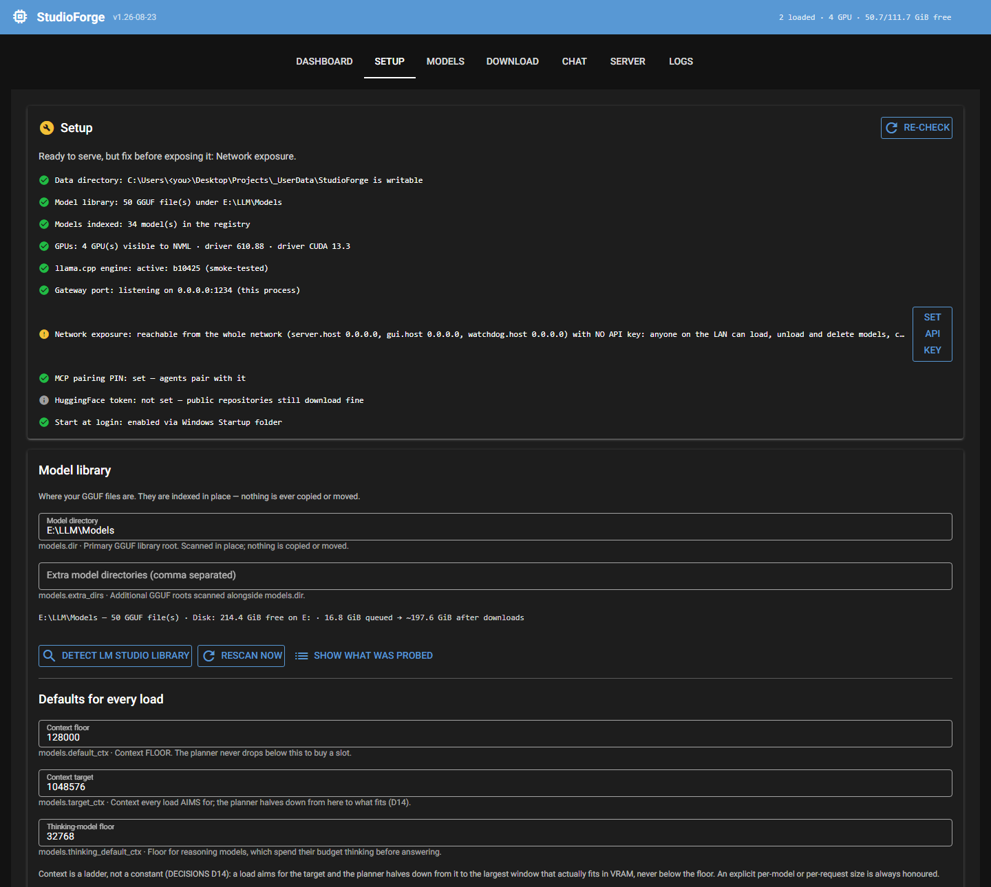 The Setup tab: a checklist headed Ready to serve, but fix before exposing it: Network exposure, with green rows for the data directory, 50 GGUF files under E:\LLM\Models, 34 models indexed, 4 GPUs on driver 610.88 and CUDA 13.3, engine b10425 smoke-tested and the gateway on 0.0.0.0:1234, one amber Network exposure row with a Set API key button; then the Model library section and the Defaults for every load fields — context floor 128000, target 1048576, thinking-model floor 32768