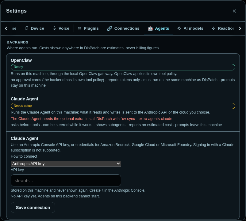 Settings, Agents tab: OpenClaw marked Ready, running through the local gateway with its own tool policy; Claude Agent marked Needs setup, with a note that it needs the optional agents-claude extra; and a form to connect the Claude Agent with an Anthropic API key or Bedrock, Google Cloud or Foundry credentials.
