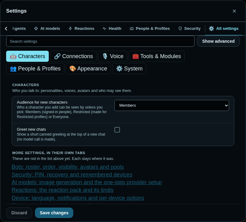 Settings, All settings tab: a search box, a Show advanced button, category buttons for Characters, Connections, Voice, Tools and Modules, People and Profiles, Appearance and System, and the Characters group with the audience for new characters and a Greet new chats switch.