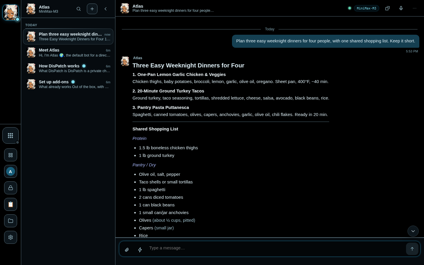 DisPatch 3.0 on a desktop: Atlas, the default character, answers a request for three weeknight dinners with a heading, a numbered plan and a shopping list. The chat list shows the new chat above the three first-run guide chats.