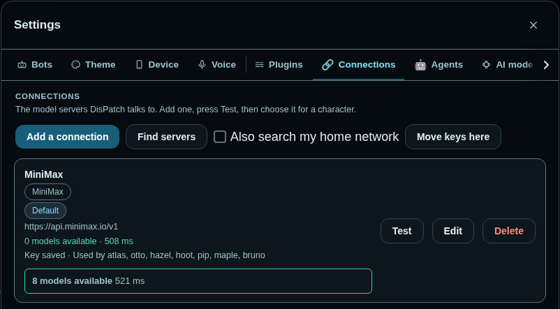 Settings, Connections tab: one MiniMax connection marked Default, its address, Key saved, used by Atlas and the six Animal Friends, and a Test result reading 8 models available in 521 ms.