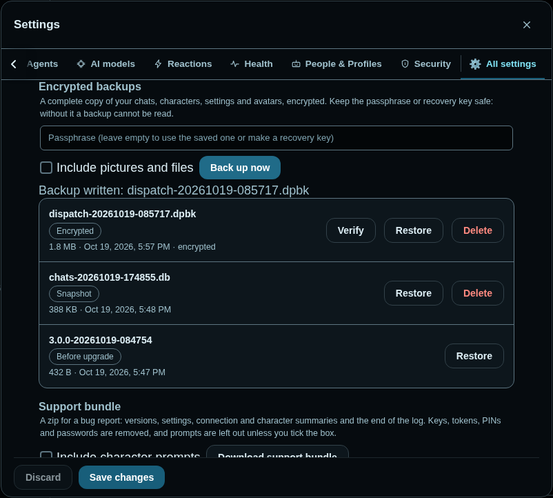 Backups and recovery: a passphrase box, an Include pictures and files checkbox and a Back up now button, then three backups: an encrypted dispatch archive of 1.8 MB with Verify, Restore and Delete, a plain database snapshot, and a 3.0.0 before-upgrade copy. Below, the support bundle section.