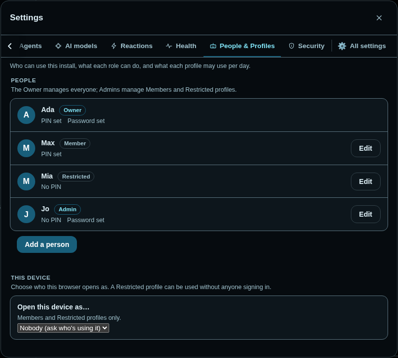 Settings, People and Profiles tab: Ada the Owner with a PIN and password, Max a Member with a PIN, Mia a Restricted profile with no PIN, and Jo an Admin with a password. Below, a This device section to open the browser as a chosen profile.