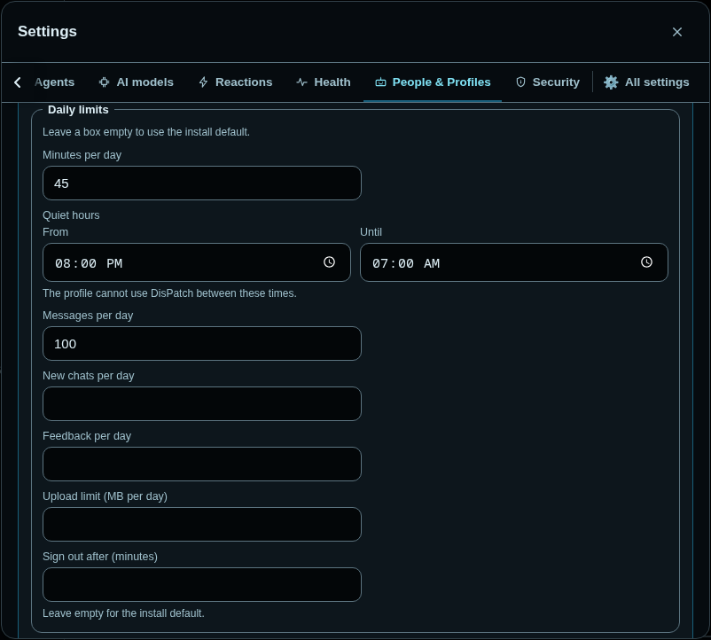 Editing Mia's Restricted profile: Daily limits with 45 minutes per day, quiet hours from 8:00 PM until 7:00 AM, 100 messages per day, and empty boxes for new chats, feedback, uploads and sign-out time.