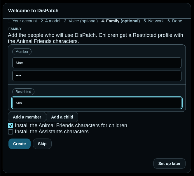 Wizard step 4 Family: a Member row named Max with a PIN, a Restricted row named Mia without one, buttons to add a member or a child, and checkboxes to install the Animal Friends characters (ticked) and the Assistants characters.