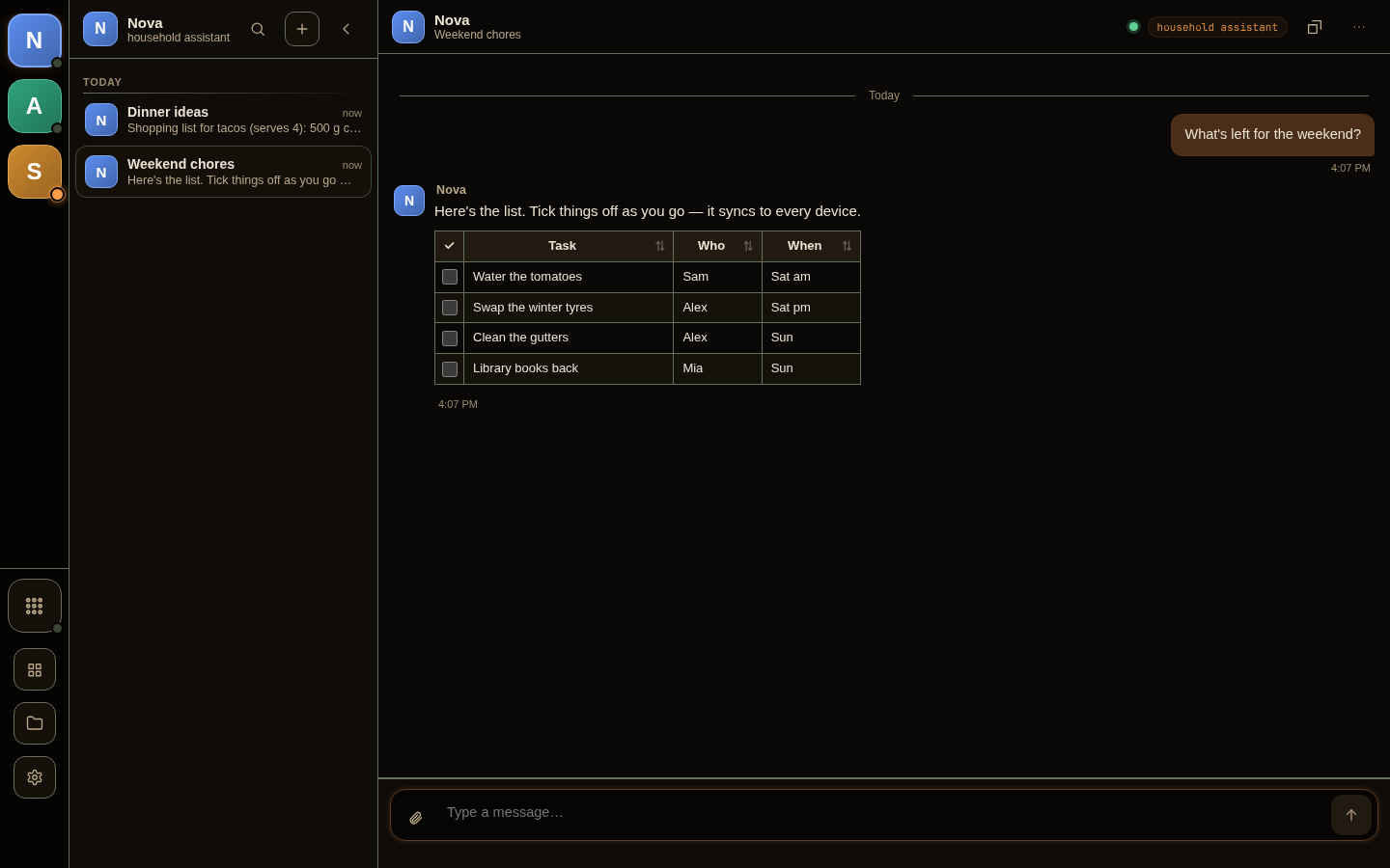 A reply in the Forest theme containing a checklist table of four household chores, each row with a checkbox and sortable Task, Who and When columns.