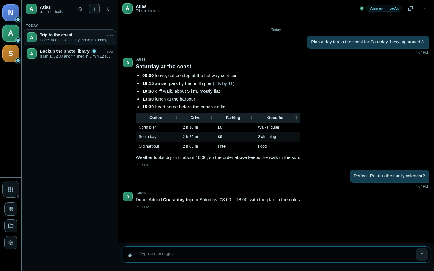 DisPatch 2.0 on a desktop in the default Glacier theme: a rail of three letter-block bot avatars, the planner bot's thread list grouped by day, and a thread where it answers with a day-trip plan as a bulleted list and a sortable comparison table.