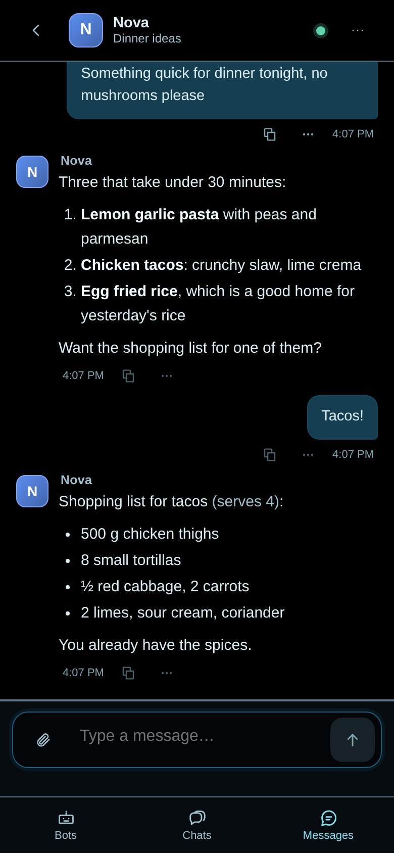 DisPatch at 390px: a conversation in a single panel, with a numbered list and a shopping list as markdown, a Copy button and a menu under each message, and a bottom tab bar for Bots, Chats and Messages.