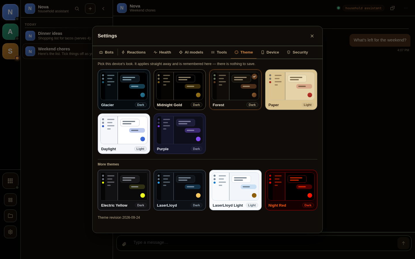 Settings on the Theme tab: live miniature previews of six core themes and a More themes row with four more.