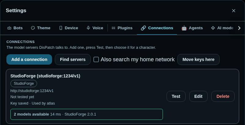 DisPatch Settings, Connections tab: one connection named StudioForge at http://studioforge:1234/v1, key saved, used by atlas, with a green result box reading 2 models available, 14 ms, StudioForge 2.0.1.