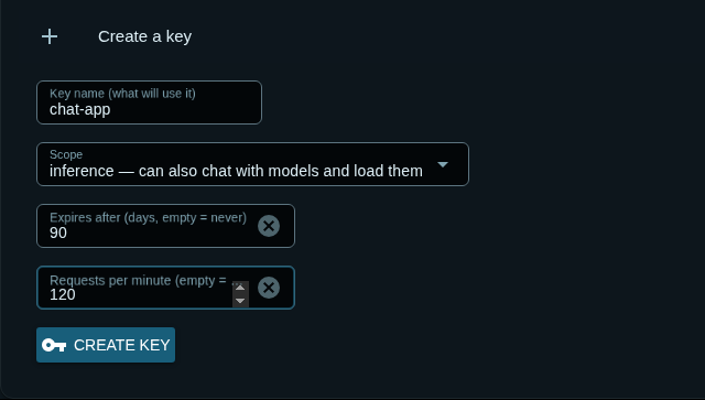 The Create a key form on the Users and Keys page: key name chat-app, scope inference (can also chat with models and load them), expires after 90 days, 120 requests per minute, and a Create key button.