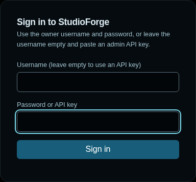 The StudioForge sign-in form: a username field that can be left empty to use an API key, a password or API key field, and a Sign in button.